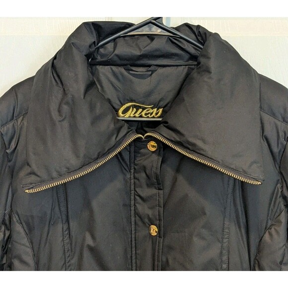 Guess Black Longline Down Feather Puffer Coat Y2K Gold Hardware Urban Streetwear - Picture 5 of 8